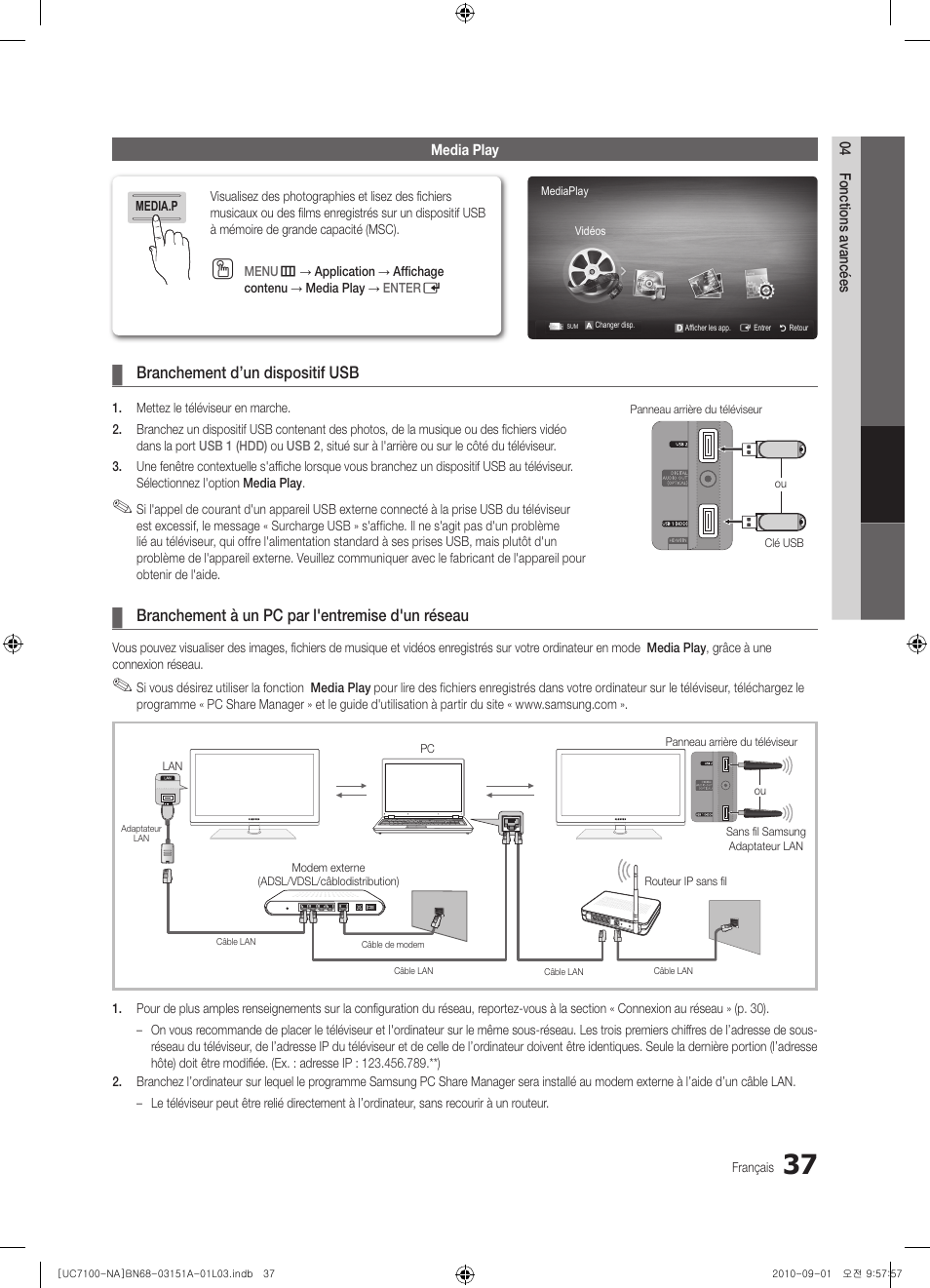 Branchement d’un dispositif usb, Branchement à un pc par l'entremise d'un réseau | Samsung UN46C7100WFXZA User Manual | Page 171 / 201