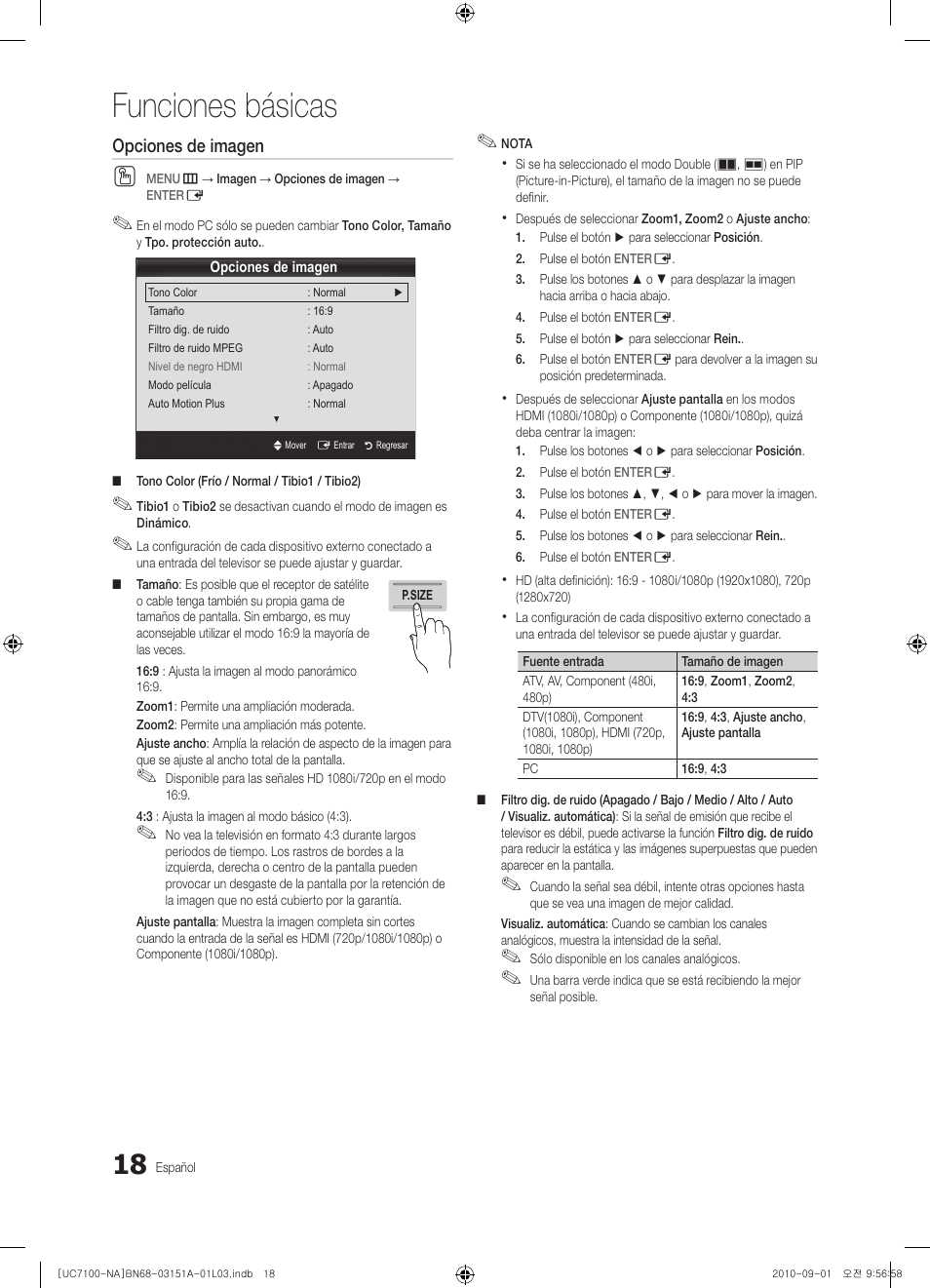Funciones básicas, Opciones de imagen | Samsung UN46C7100WFXZA User Manual | Page 85 / 201