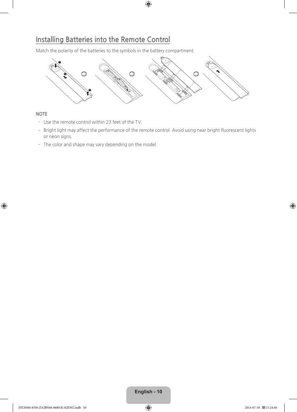 Installing batteries into the remote control | Samsung UN55HU8550FXZA User Manual | Page 10 / 40