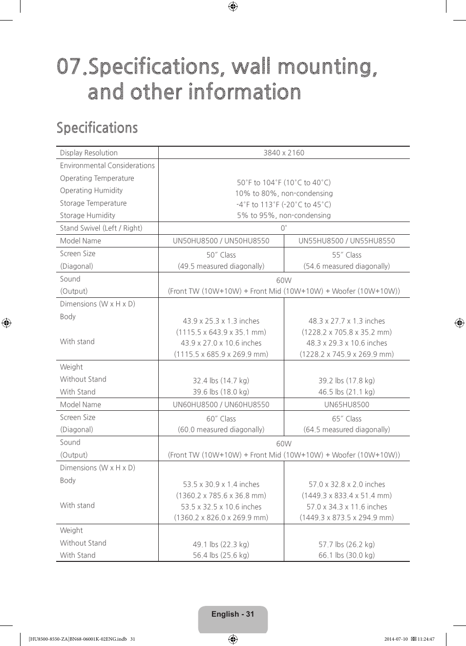 Specifications | Samsung UN55HU8550FXZA User Manual | Page 31 / 40