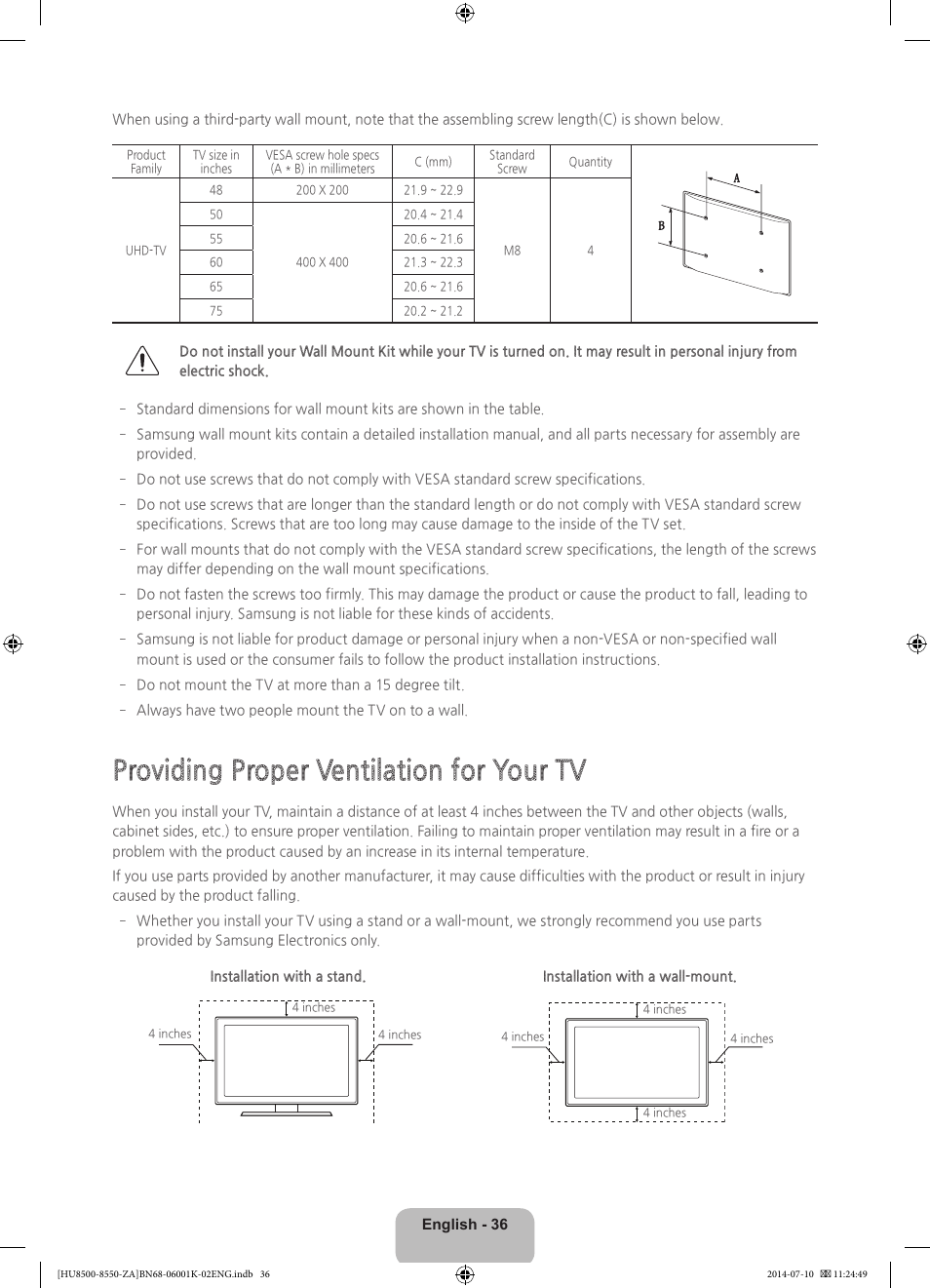 Providing proper ventilation for your tv | Samsung UN55HU8550FXZA User Manual | Page 36 / 40