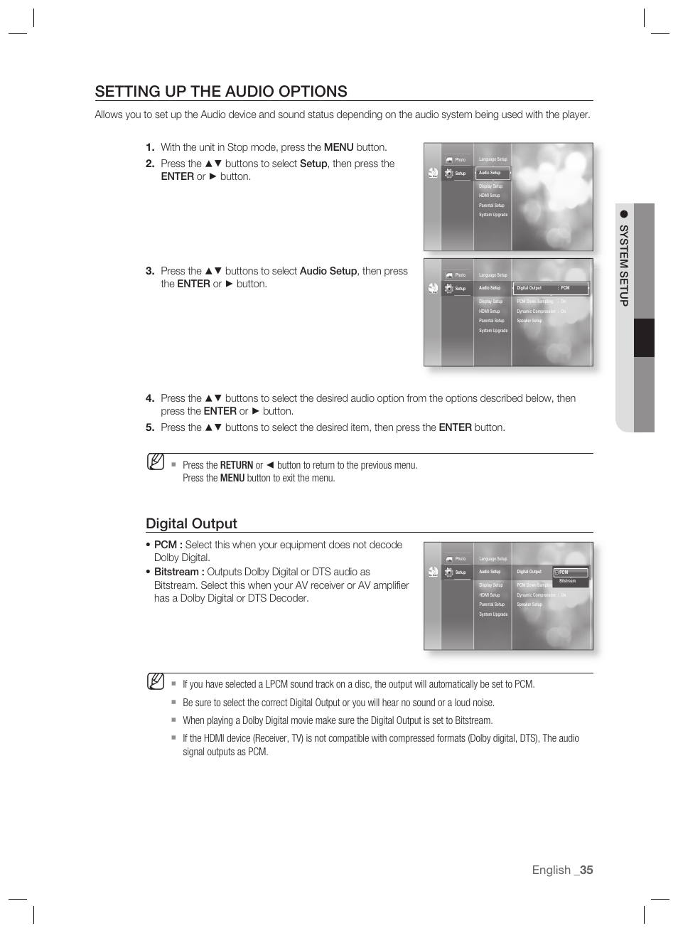 Setting up the audio options, Digital output, English | System setup | Samsung BD-P1400-XAA User Manual | Page 36 / 67
