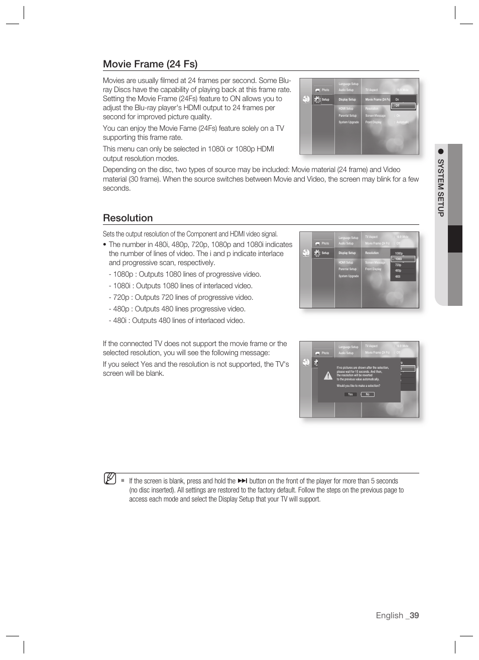 Movie frame (24 fs), Resolution, English | System setup | Samsung BD-P1400-XAA User Manual | Page 40 / 67