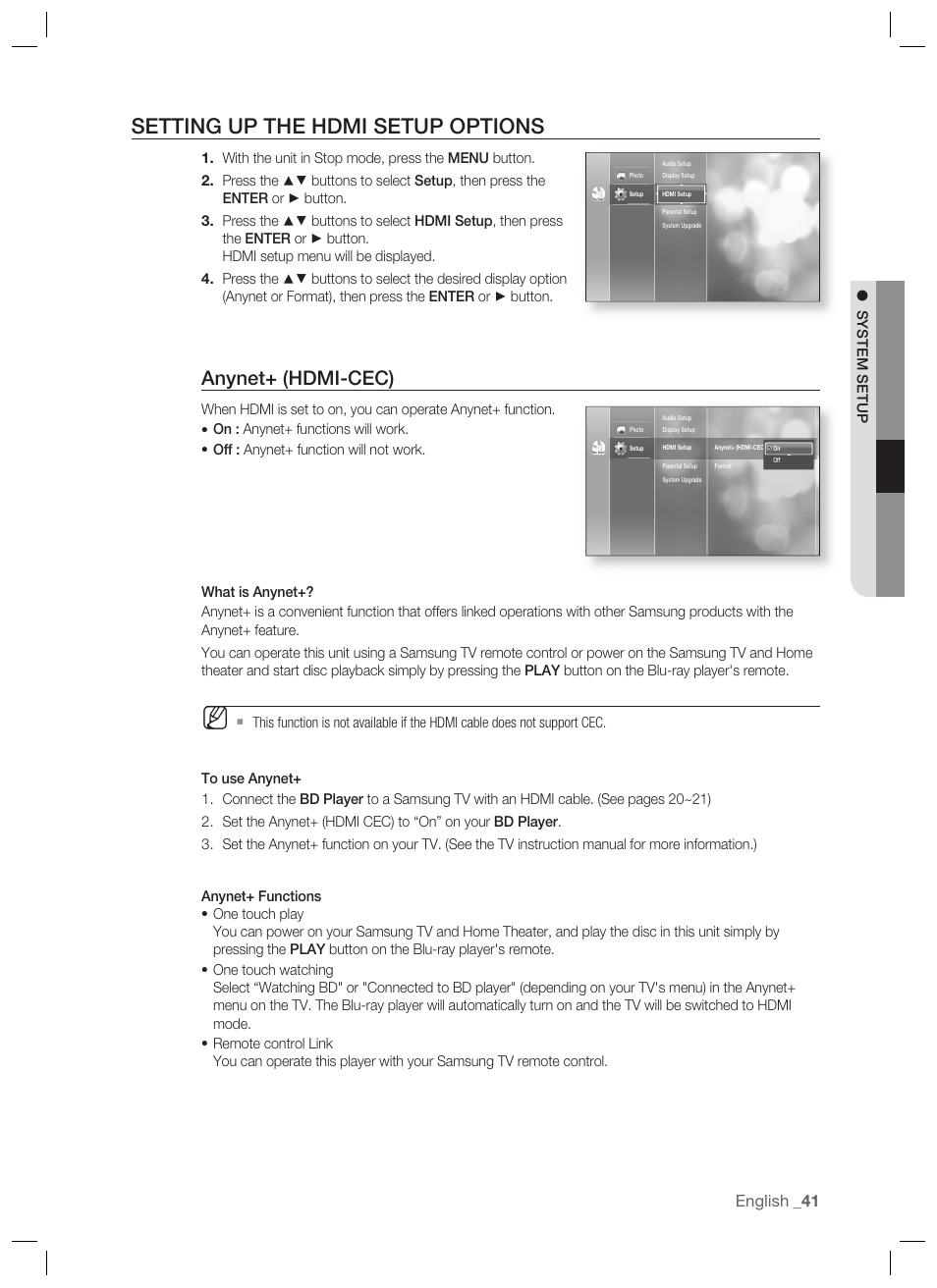 Setting up the hdmi setup options, Anynet+ (hdmi-cec), English | Samsung BD-P1400-XAA User Manual | Page 42 / 67