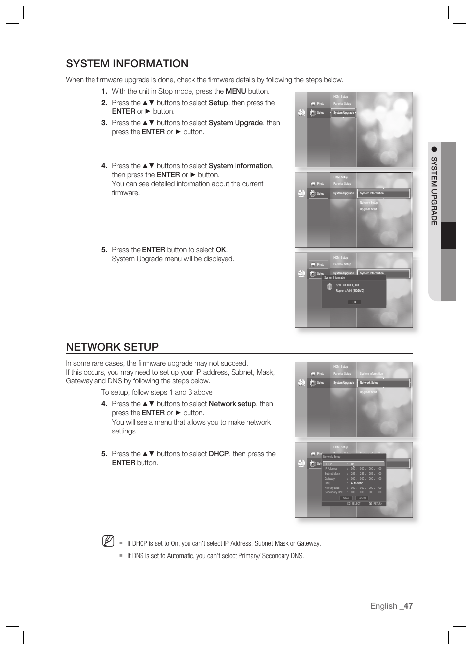 System information, Network setup, English | System upgrade | Samsung BD-P1400-XAA User Manual | Page 48 / 67