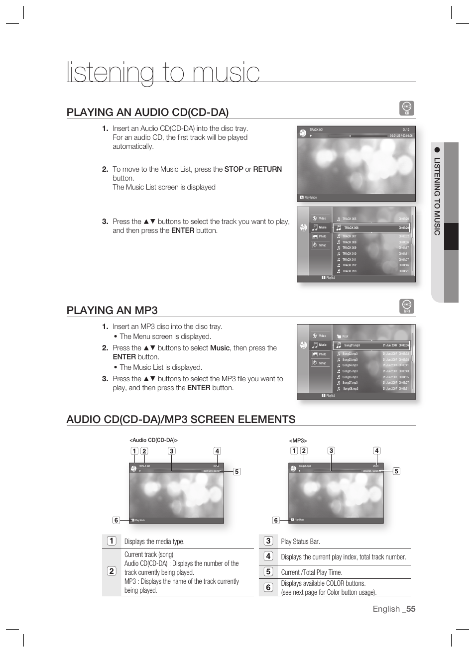 Listening to music, Playing an audio cd(cd-da), Playing an mp3 | Audio cd(cd-da)/mp3 screen elements, English | Samsung BD-P1400-XAA User Manual | Page 56 / 67