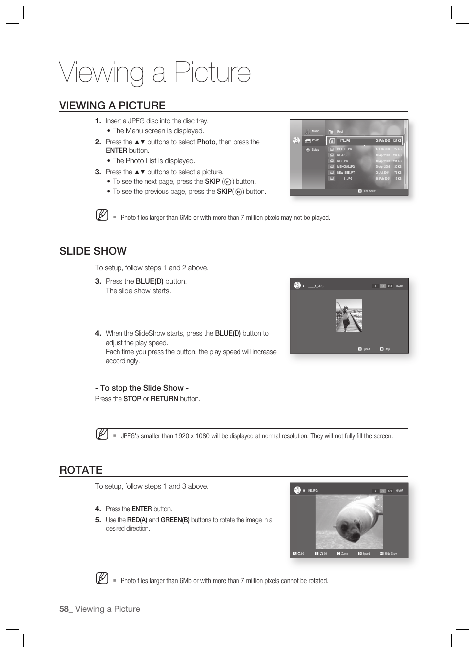 Viewing a picture, Slide show, Rotate | The menu screen is displayed, The photo list is displayed | Samsung BD-P1400-XAA User Manual | Page 59 / 67
