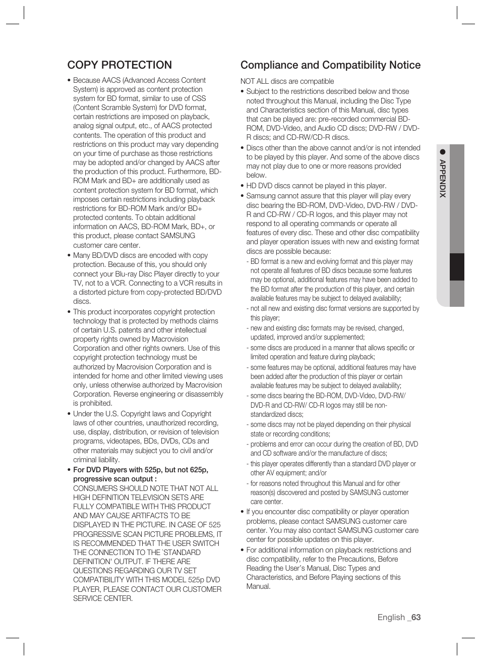 Copy protection, Compliance and compatibility notice | Samsung BD-P1400-XAA User Manual | Page 64 / 67
