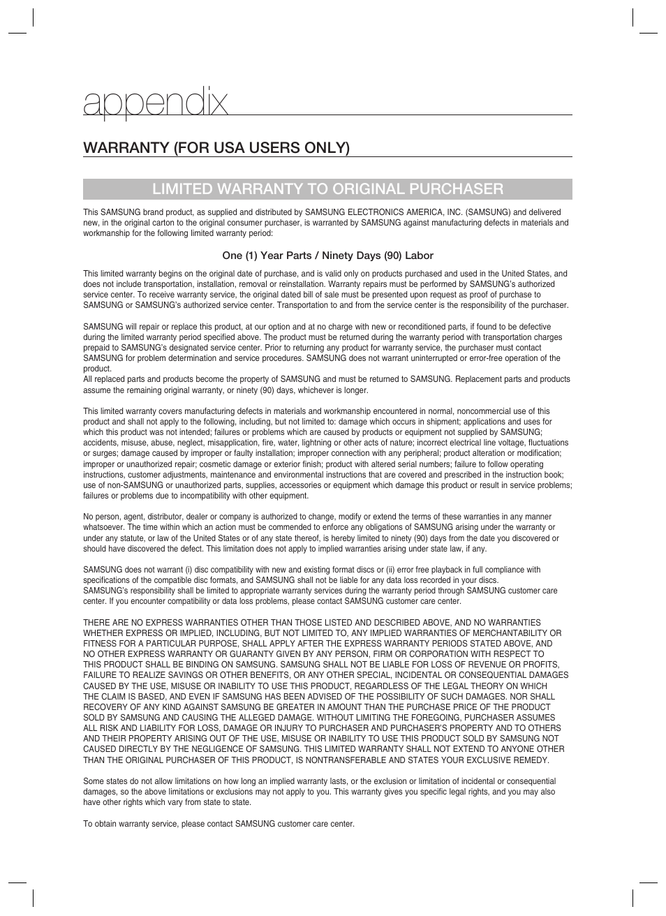Warranty (for usa users only), Appendix | Samsung BD-P1400-XAA User Manual | Page 65 / 67