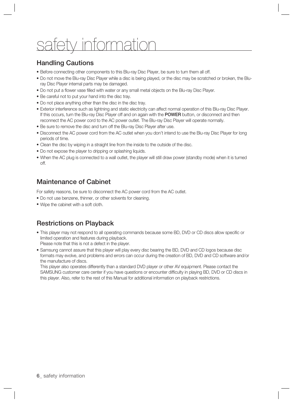 Safety information | Samsung BD-P1400-XAA User Manual | Page 7 / 67