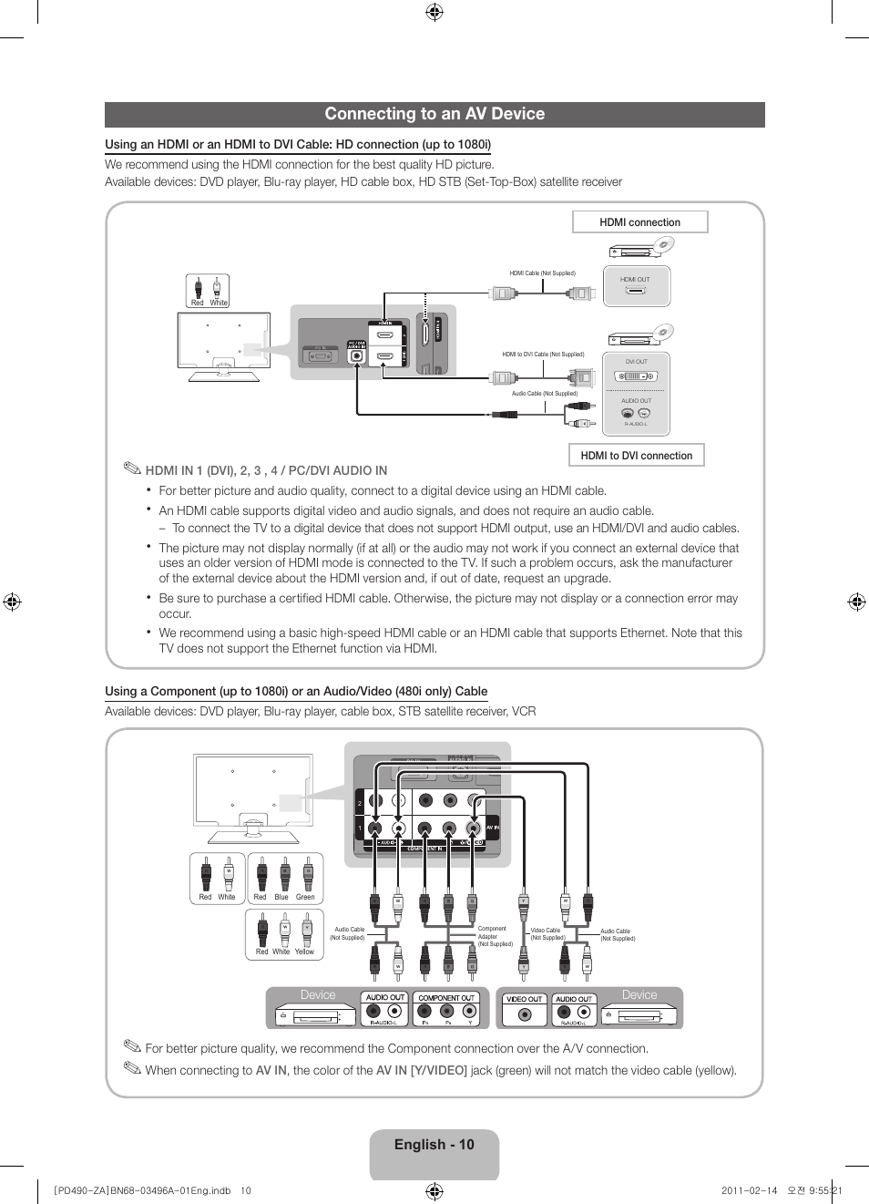 Connecting to an av device | Samsung PN51D490A1DXZA User Manual | Page 10 / 19