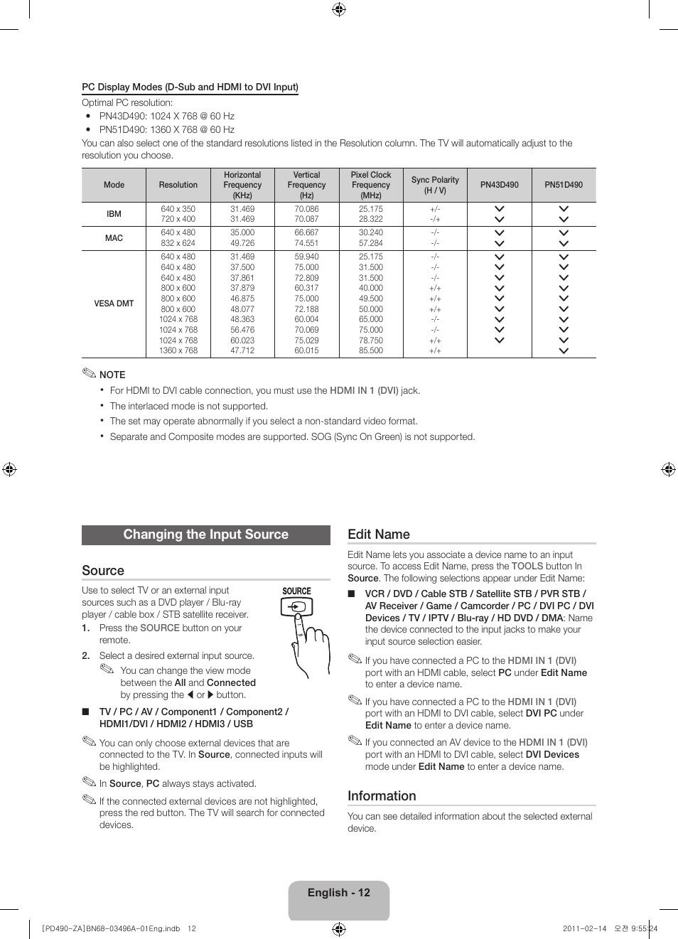 Changing the input source source, Edit name, Information | Samsung PN51D490A1DXZA User Manual | Page 12 / 19