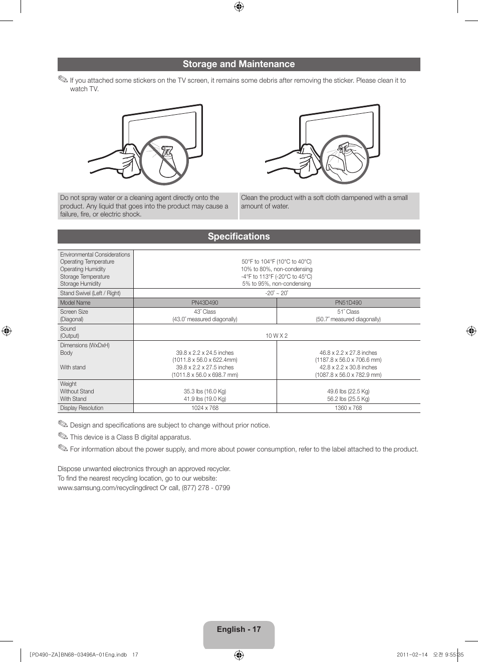Storage and maintenance, Specifications | Samsung PN51D490A1DXZA User Manual | Page 17 / 19