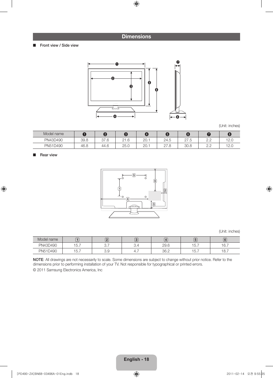 Dimensions | Samsung PN51D490A1DXZA User Manual | Page 18 / 19