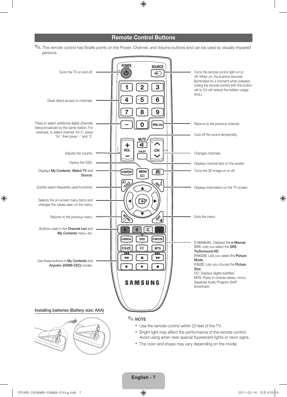 Remote control buttons | Samsung PN51D490A1DXZA User Manual | Page 7 / 19