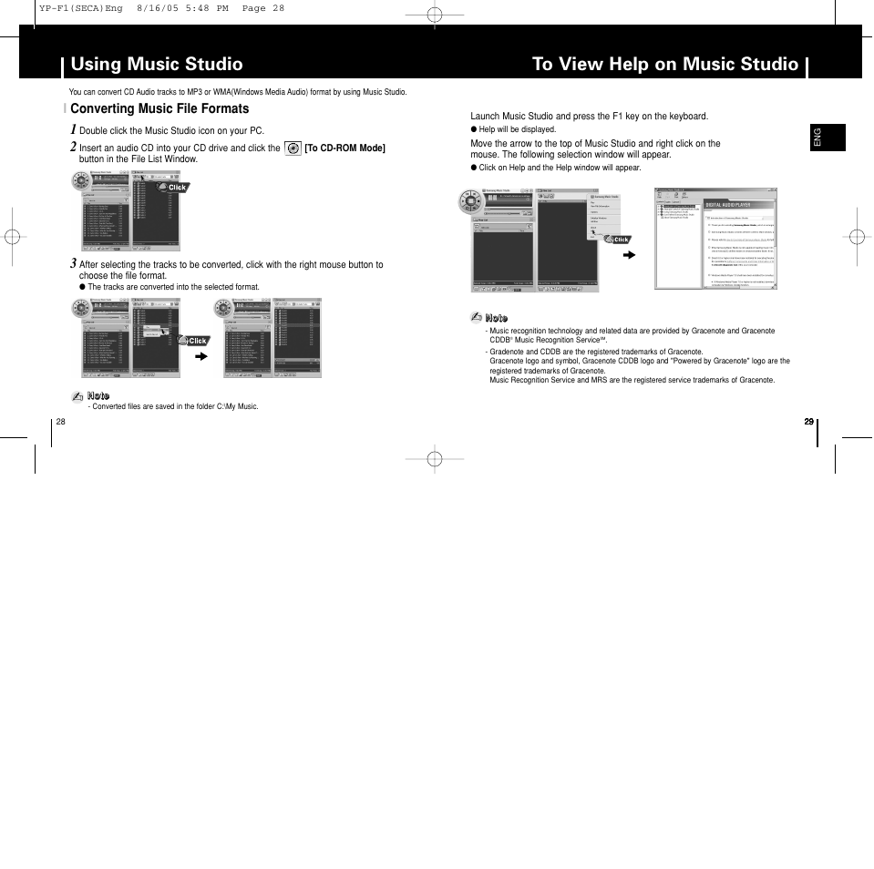 To view help on music studio, Using music studio, Iconverting music file formats | Samsung YP-F1ZW-XAA User Manual | Page 15 / 31