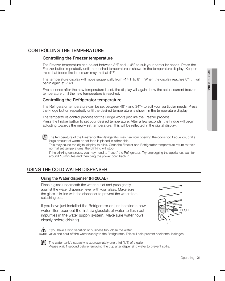 Controlling the temperature, Using the cold water dispenser, Using the water dispenser (rf266ab) | Controlling the freezer temperature, Controlling the refrigerator temperature | Samsung RF265ABWP-XAA User Manual | Page 21 / 36