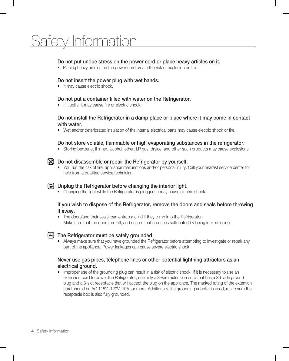 Safety information | Samsung RF265ABWP-XAA User Manual | Page 4 / 36