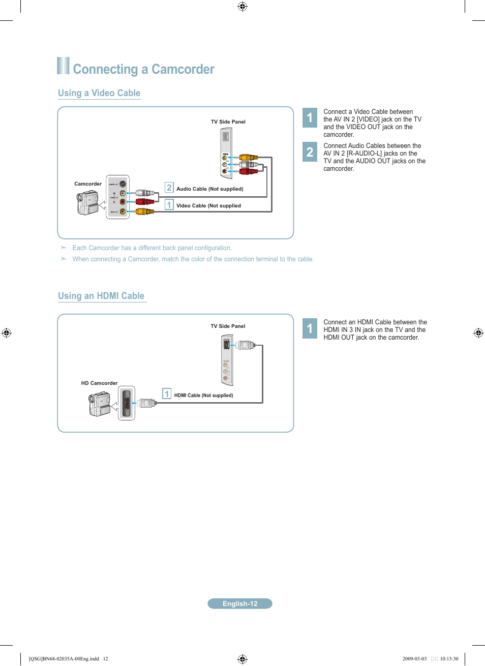 Connecting a camcorder, Using a video cable, Using an hdmi cable | Samsung LN22B460B2DXZA User Manual | Page 12 / 20