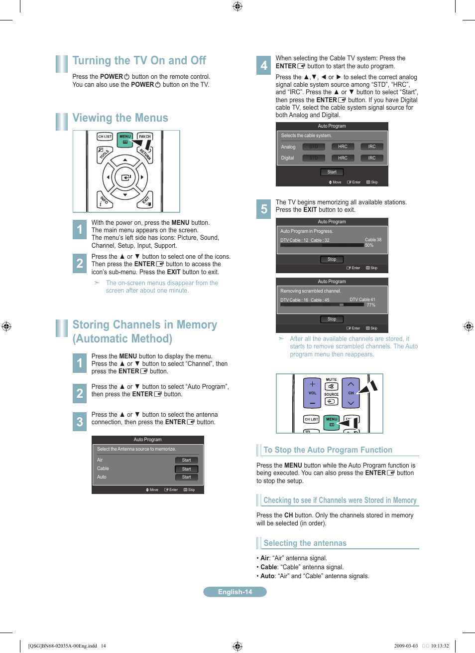 Turning the tv on and off, Viewing the menus | Samsung LN22B460B2DXZA User Manual | Page 14 / 20