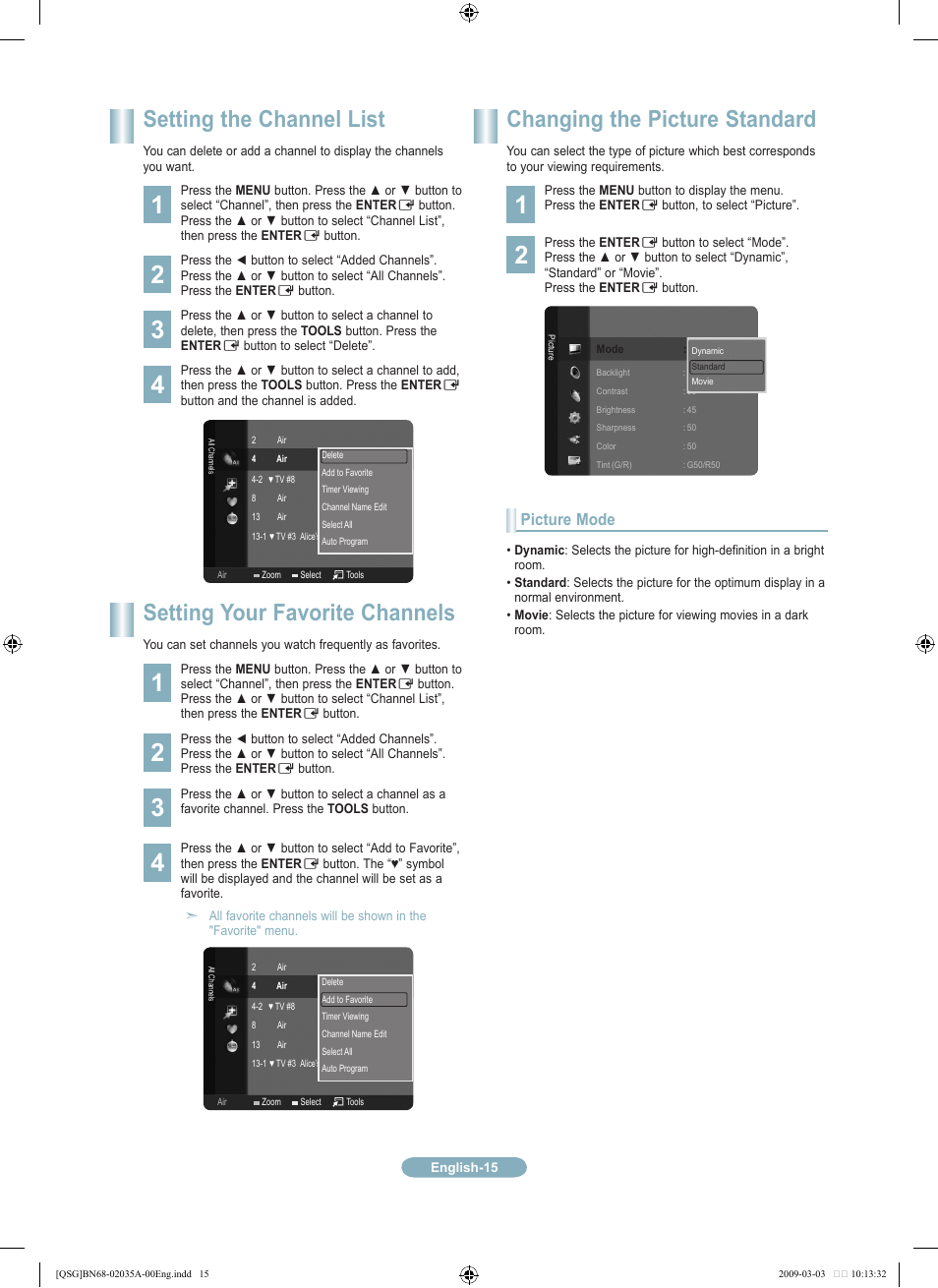 Setting the channel list, Changing the picture standard, Setting your favorite channels | Samsung LN22B460B2DXZA User Manual | Page 15 / 20