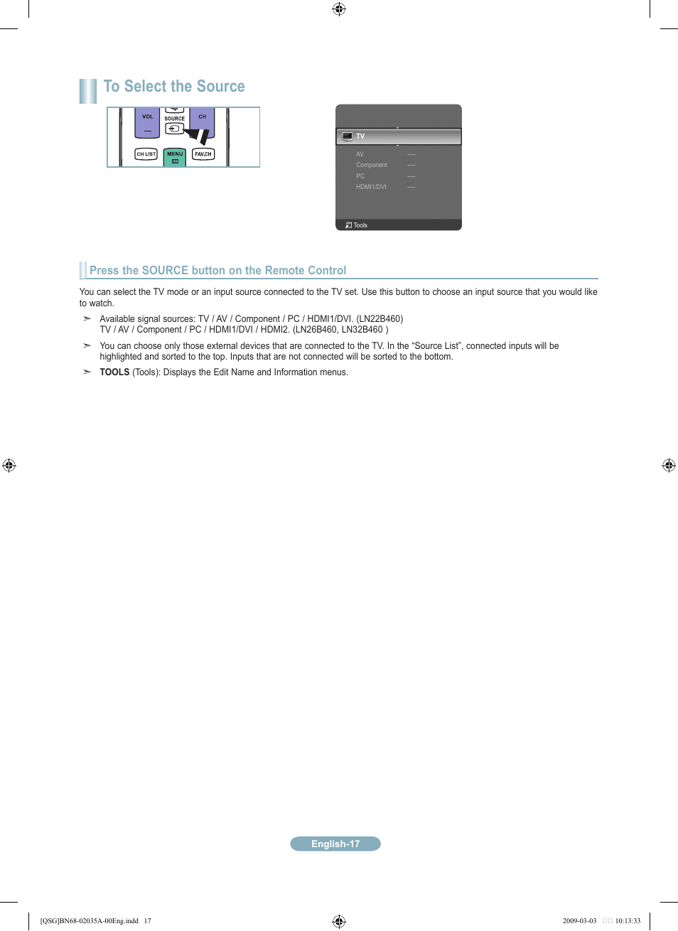 Press the source button on the remote control | Samsung LN22B460B2DXZA User Manual | Page 17 / 20