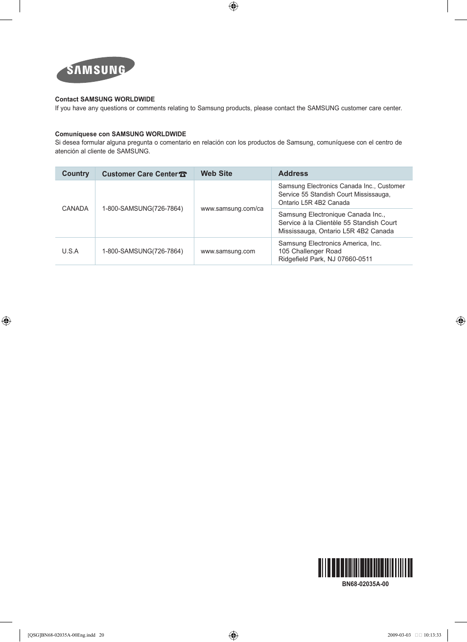 Samsung LN22B460B2DXZA User Manual | Page 20 / 20