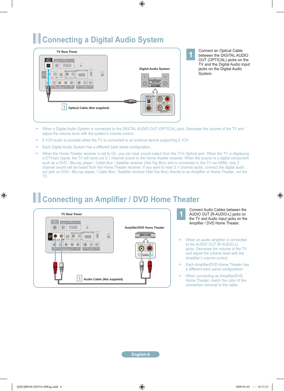 Connecting a digital audio system, Connecting an amplifier / dvd home theater | Samsung LN22B460B2DXZA User Manual | Page 6 / 20