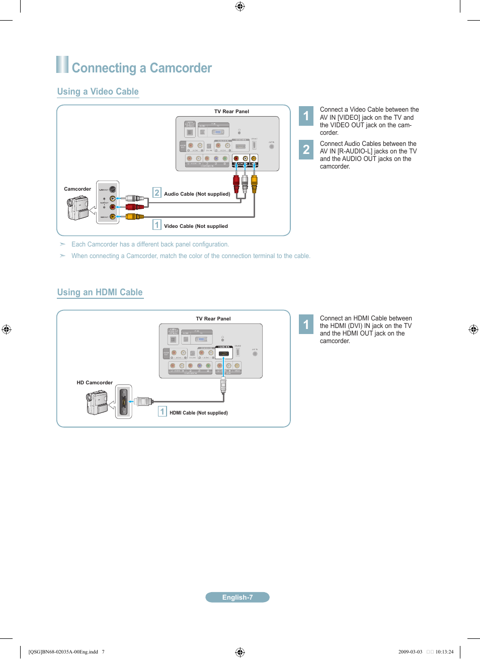 Connecting a camcorder, Using a video cable, Using an hdmi cable | Samsung LN22B460B2DXZA User Manual | Page 7 / 20