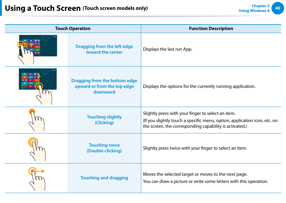 Using a touch screen | Samsung DP700A3D-K02US User Manual | Page 41 / 136