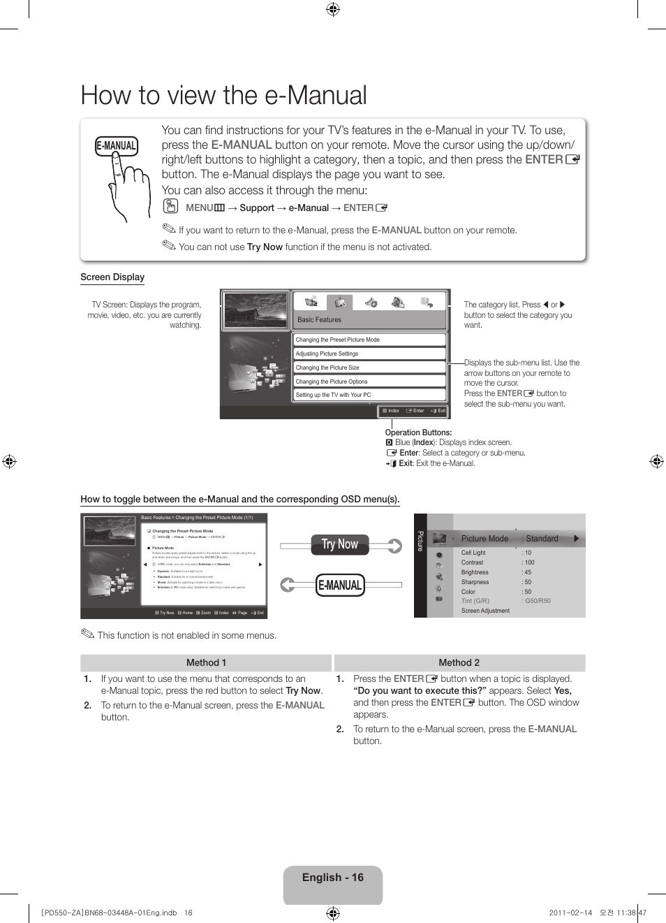 How to view the e-manual, E-manual try now, E-manual | English - 16 | Samsung PN51D550C1FXZA User Manual | Page 16 / 22