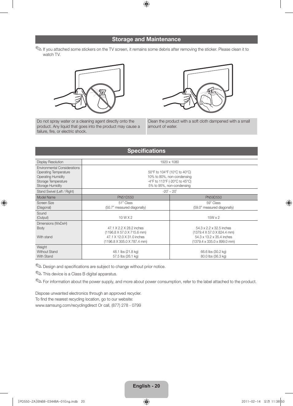 Storage and maintenance, Specifications | Samsung PN51D550C1FXZA User Manual | Page 20 / 22