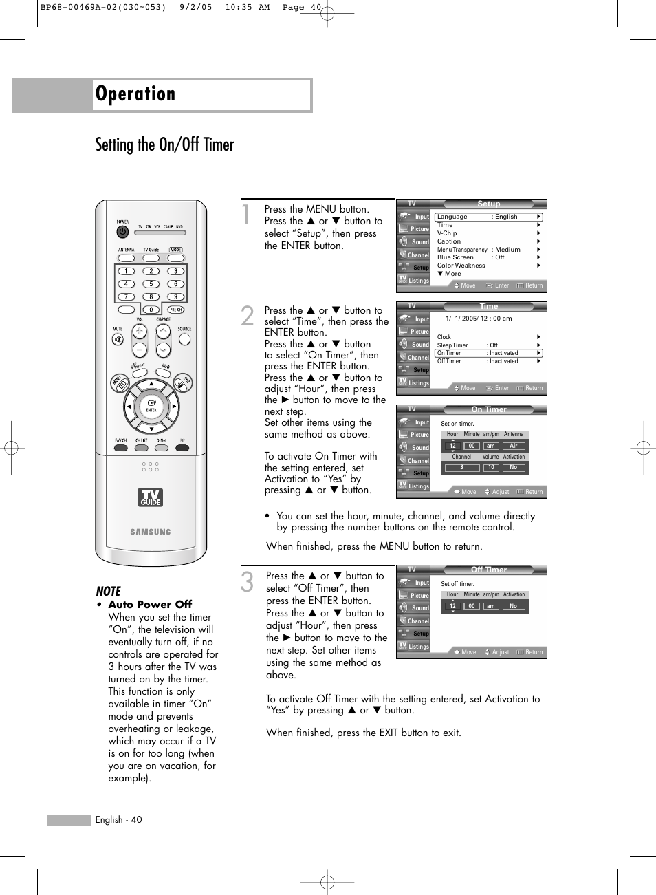 Setting the on/off timer, Operation | Samsung HLR6167WAX-XAA User Manual | Page 40 / 136
