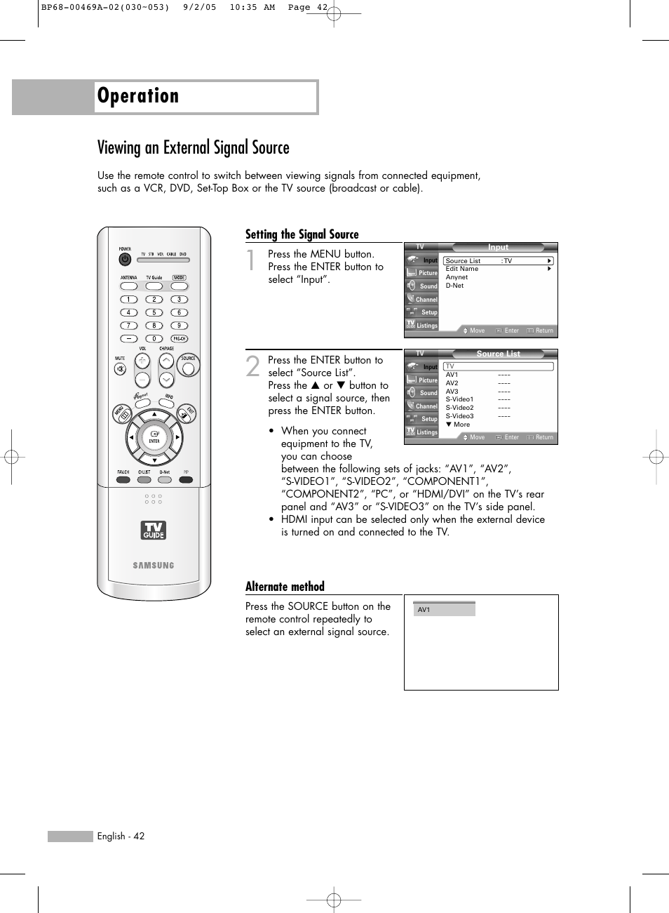Viewing an external signal source, Setting the signal source, Alternate method | Operation | Samsung HLR6167WAX-XAA User Manual | Page 42 / 136