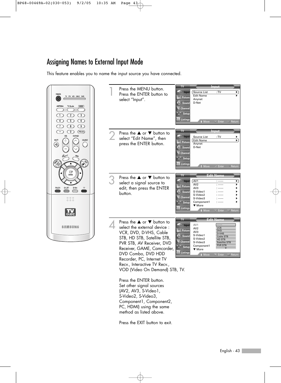 Assigning names to external input mode | Samsung HLR6167WAX-XAA User Manual | Page 43 / 136