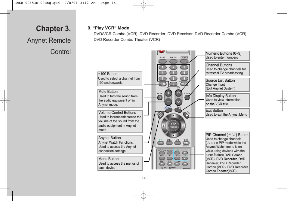 “play vcr” mode, Chapter 3, Anynet remote control | Samsung LTP326WX-XAC User Manual | Page 15 / 56