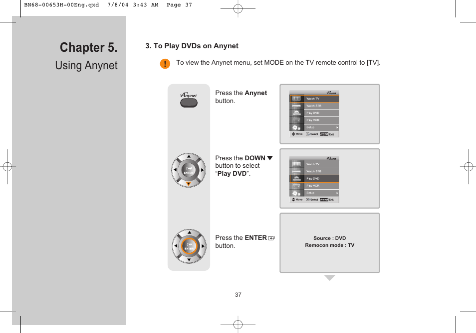 To play dvds on anynet, Chapter 5, Using anynet | Samsung LTP326WX-XAC User Manual | Page 38 / 56