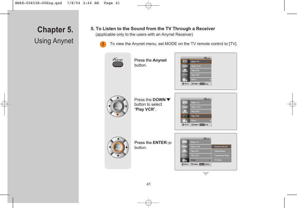 Chapter 5, Using anynet | Samsung LTP326WX-XAC User Manual | Page 42 / 56