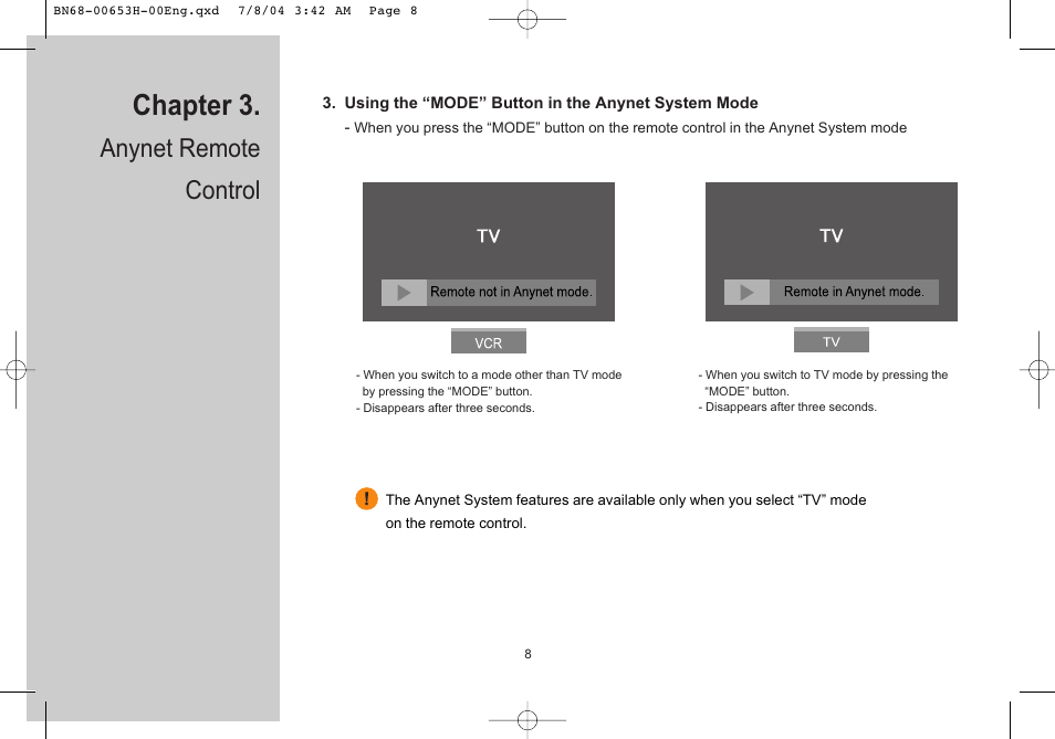 Using the “mode” button in the anynet system mode, Chapter 3, Anynet remote control | Samsung LTP326WX-XAC User Manual | Page 9 / 56