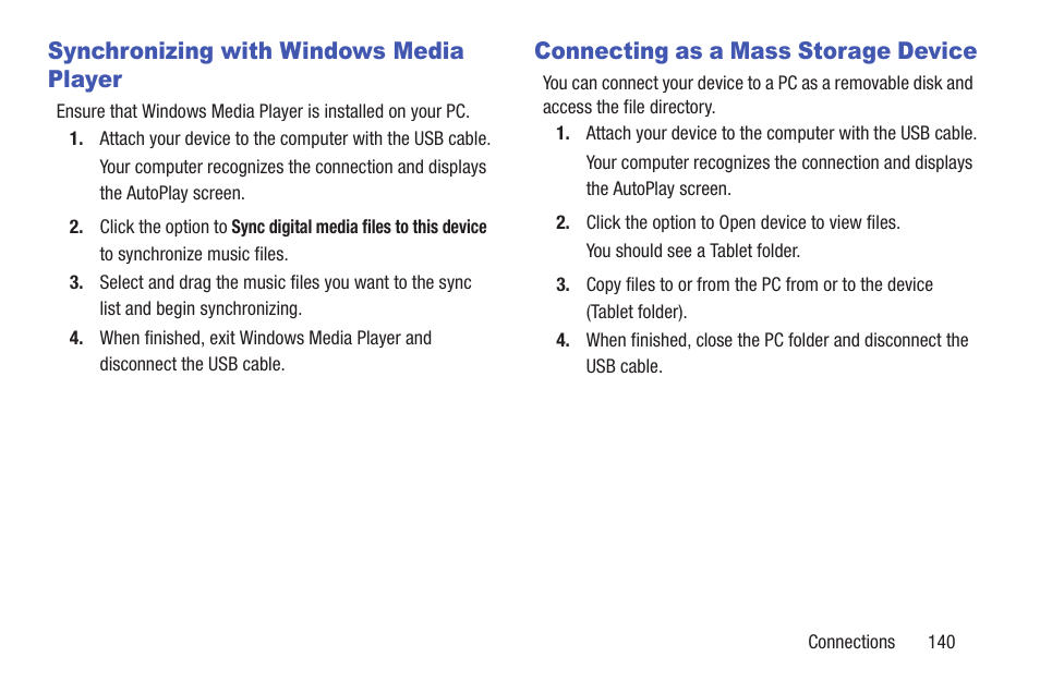 Synchronizing with windows media player, Connecting as a mass storage device | Samsung GT-P7510FKYXAR User Manual | Page 145 / 258