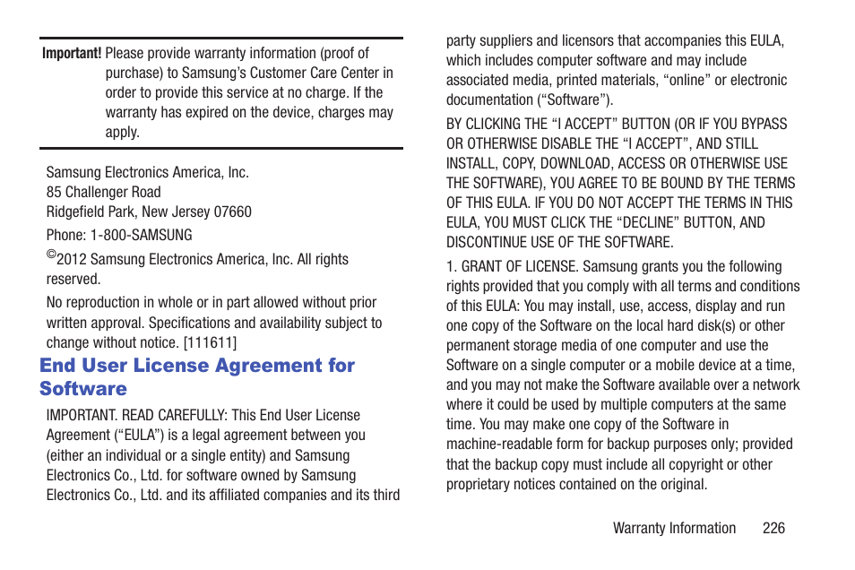 End user license agreement for software | Samsung GT-P7510FKYXAR User Manual | Page 231 / 258