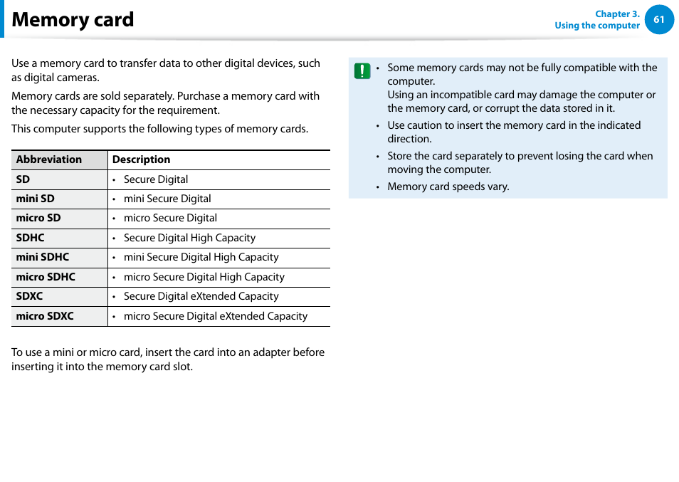 Memory card | Samsung DP700A7D-S02US User Manual | Page 62 / 134