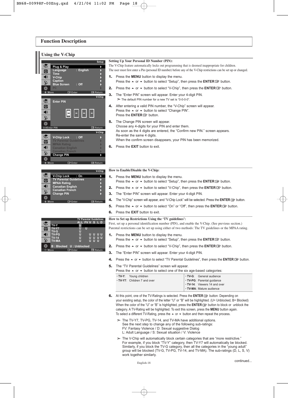 Function description, Using the v-chip | Samsung LNS1951WX-XAP User Manual | Page 20 / 80