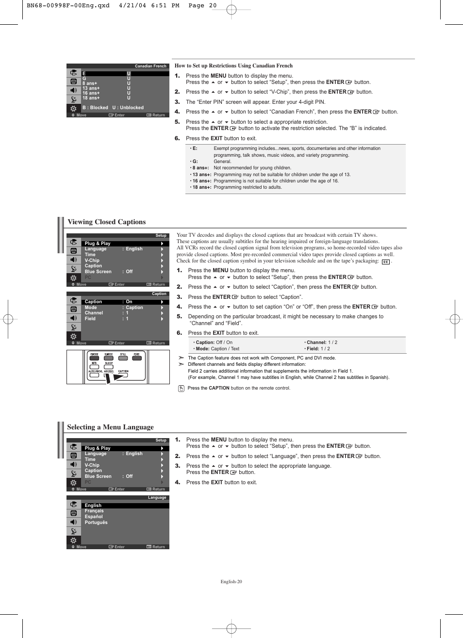 Viewing closed captions, Selecting a menu language | Samsung LNS1951WX-XAP User Manual | Page 22 / 80