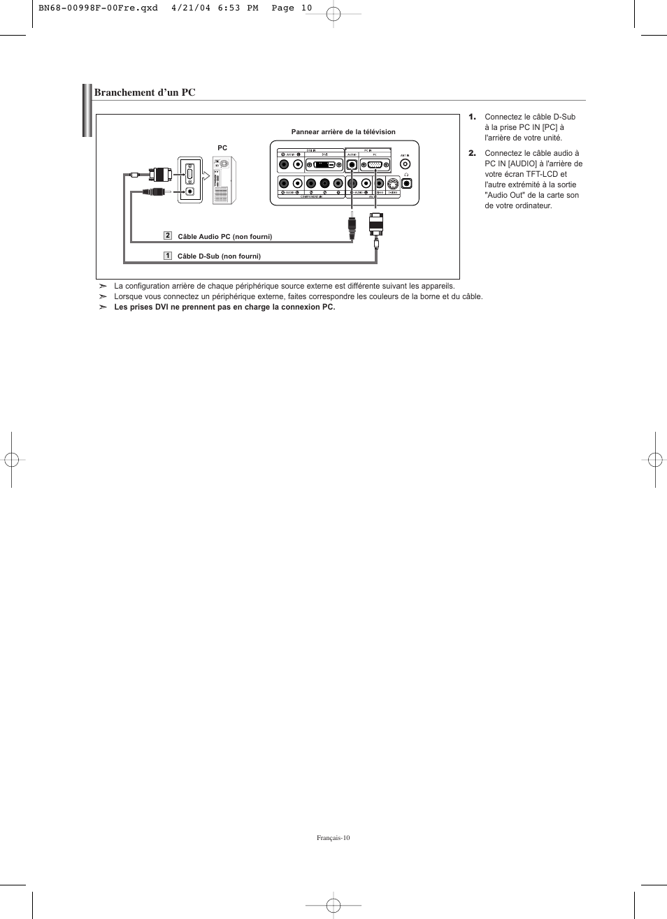 Branchement d’un pc | Samsung LNS1951WX-XAP User Manual | Page 38 / 80
