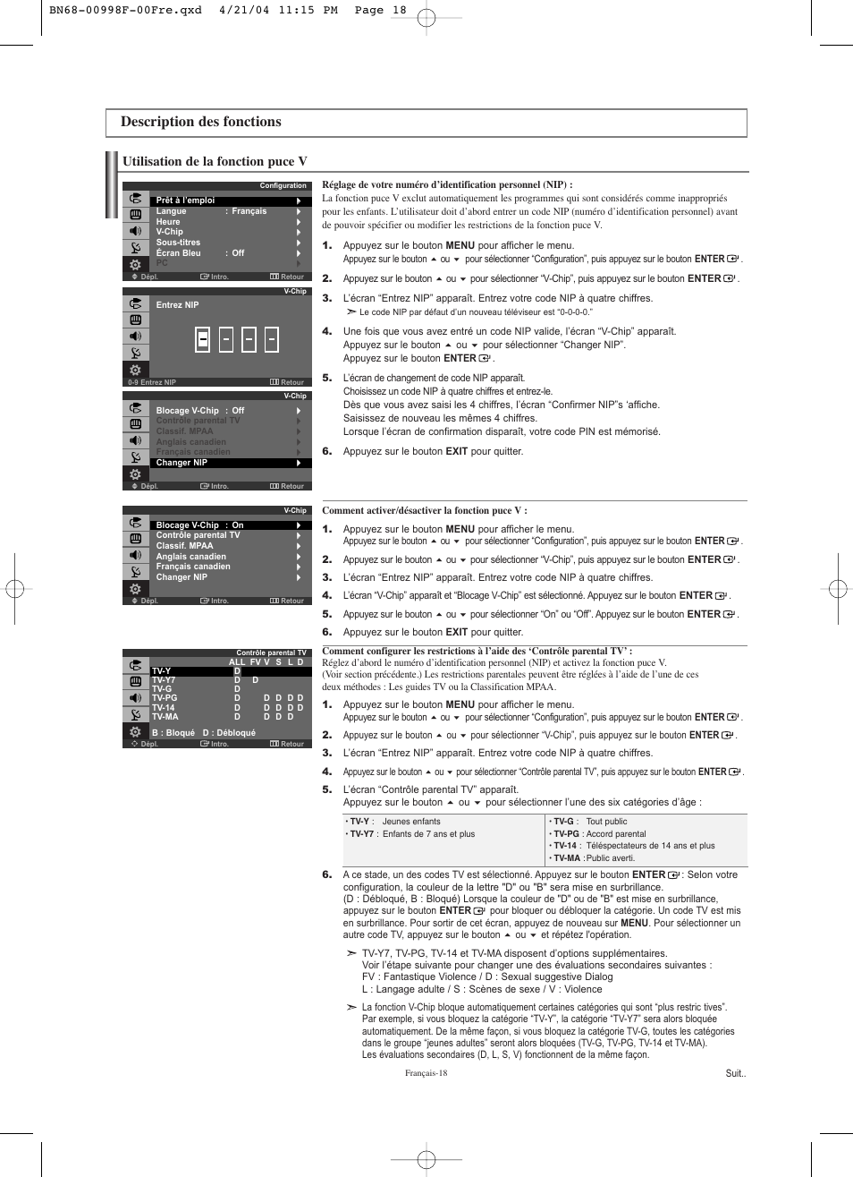 Description des fonctions, Utilisation de la fonction puce v | Samsung LNS1951WX-XAP User Manual | Page 46 / 80