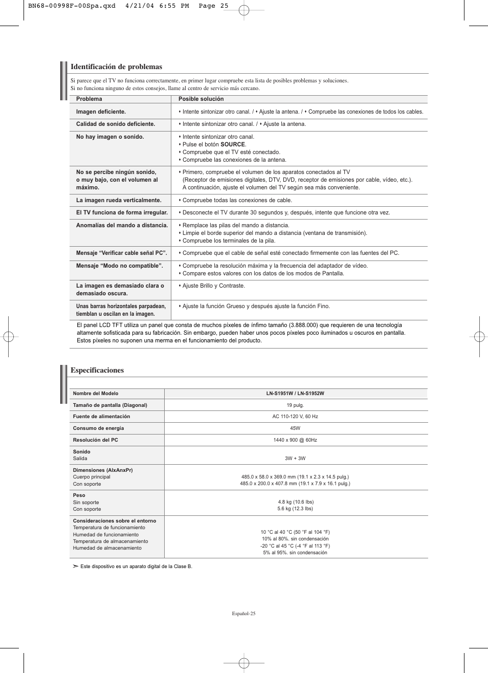 Especificaciones, Identificación de problemas | Samsung LNS1951WX-XAP User Manual | Page 79 / 80