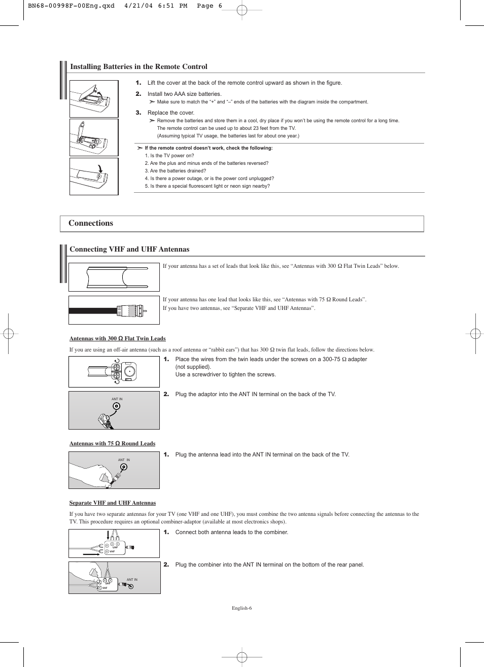 Installing batteries in the remote control, Connections, Connecting vhf and uhf antennas | Samsung LNS1951WX-XAP User Manual | Page 8 / 80