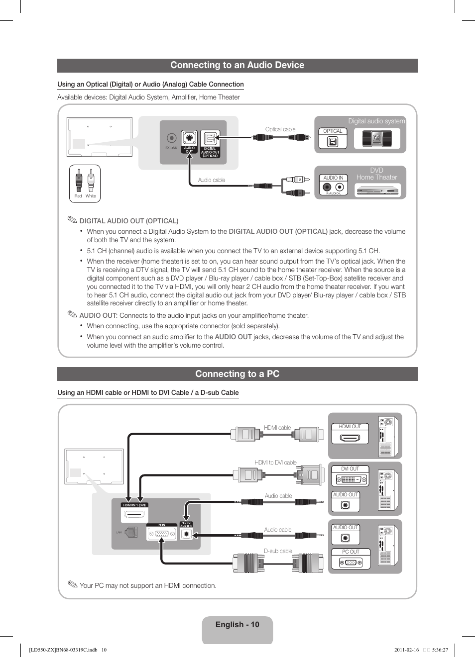 Connecting to an audio device, Connecting to a pc, English - 10 | Samsung LN40D550K1FXZA User Manual | Page 10 / 37