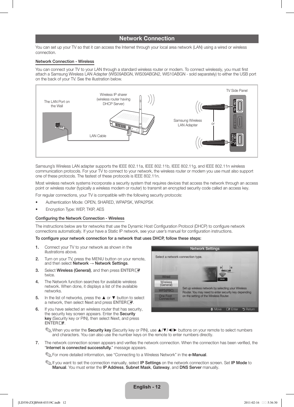 Network connection | Samsung LN40D550K1FXZA User Manual | Page 12 / 37